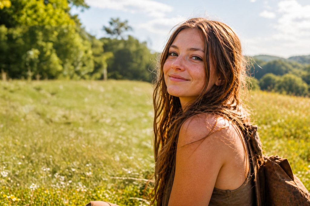 A smiling young woman in a field